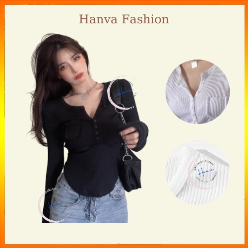 Áo Thun Dài Tay Cổ Tròn Phối Cúc Dáng Đuôi Tôm Chất Thun Mềm Mịn Co Giãn Hanva