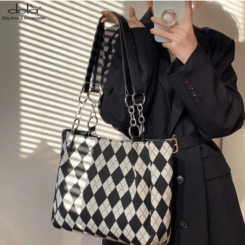 Dela Túi Xách tote canvas Sọc Caro Trắng Đen Sức Chứa Lớn Thời Trang Chất Lượng Cao Cho Nữ