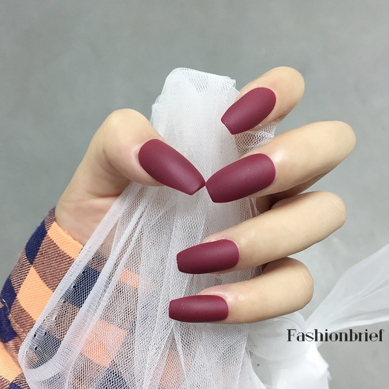 Set 24 Móng Tay Giả Màu Đỏ Rượu Thời Trang Kèm Keo Dán Cho Nữ