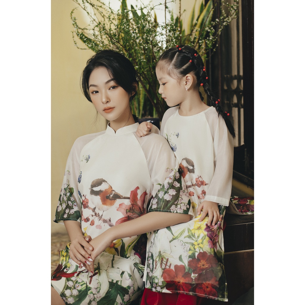 Kid áo dài màu trắng kem, quần đỏ 1AD2045 ADORE DRESS