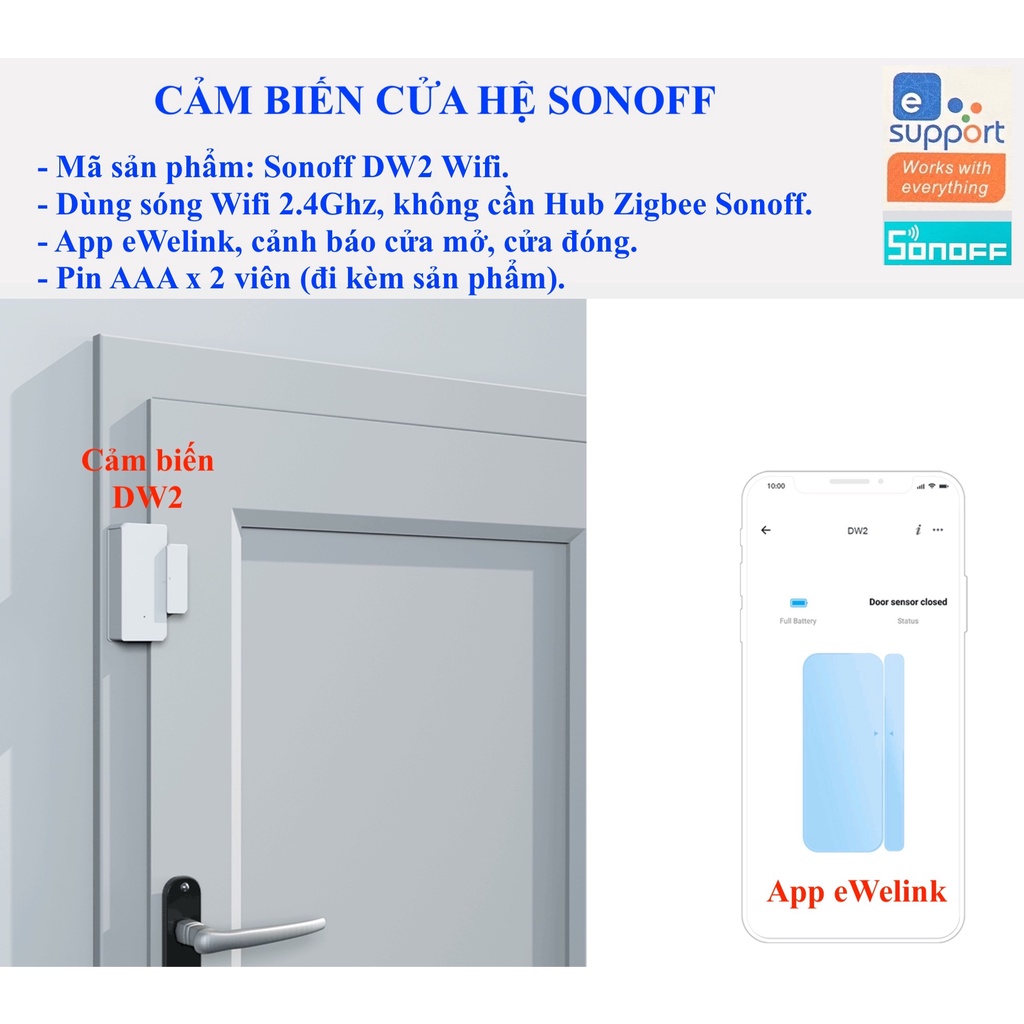 Cảm biến cửa Sonoff DW2 kết nối Wifi, App eWelink, GoogleAssistant, Alexa, Home Assistant.