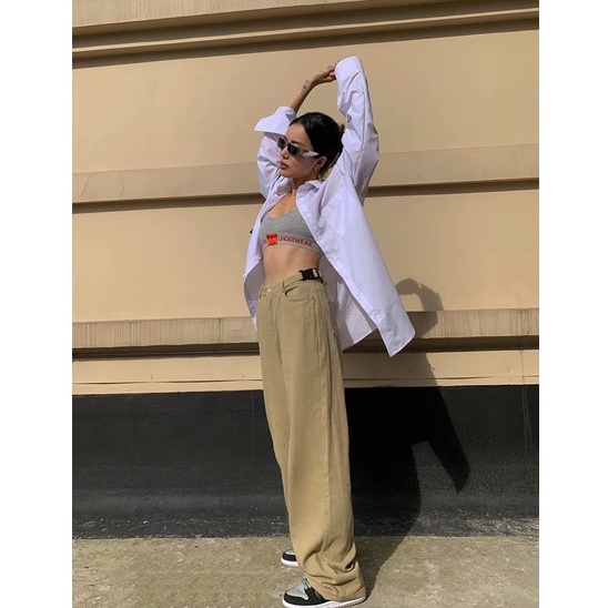 Quàn jean nữ ống rộng màu beige, quần bò ống rộng dành cho người thấp, ShopBei.T