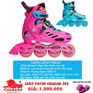 Giày patin trẻ em cao cấp Cougar 313 Full 8 bánh led siêu sáng, tặng bảo hộ cao cấp