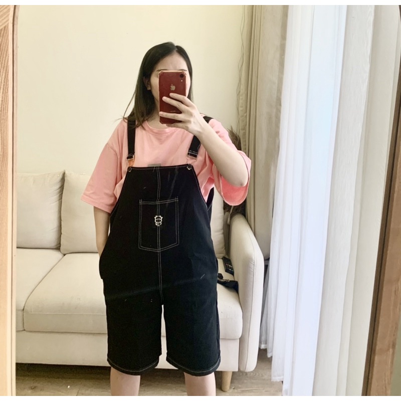 Quần Yếm Nữ Dáng Xuông Ulzzang🌸 Yếm Đùi Lửng Form Rộng Unisex Có 2 Túi Trước 2 Màu Đen Trắng