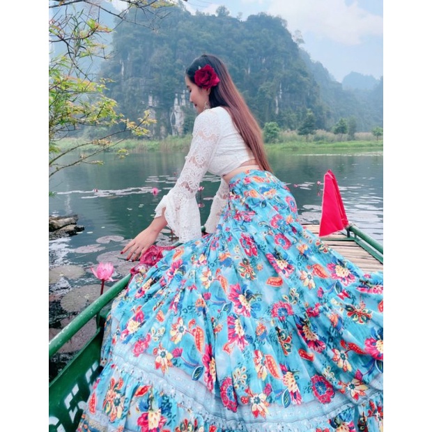 HOANGYEN - Set đầm maxi áo tay loe dài cột ngực chất ren, chân váy hoạ tiết boho nối tầng 6m vải
