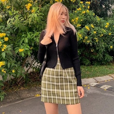 Chân váy caro nữ vải kate dáng bút chì màu xanh chuối