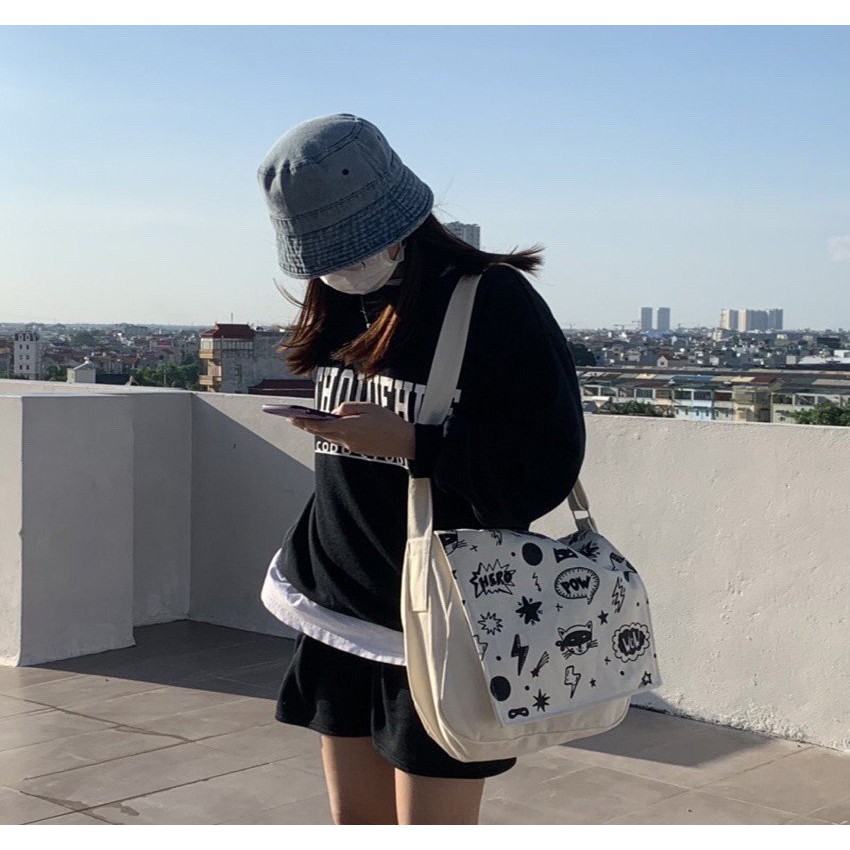 Túi đeo chéo vải canvas đựng đồ, vừa sách vở đi học hàng chất lượng phong cách Uzzang Unisex