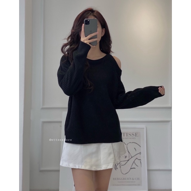 Áo len nữ hở vai ET.TEE co giãn freesize màu đen kem YDL A1886 | BigBuy360 - bigbuy360.vn