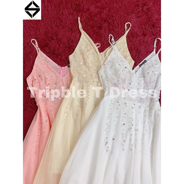 Đầm maxi xòe 2 dây kết đá pha lê ngực cao cao cấp TRIPBLE T DRESS - SIZE M/L - MS83V