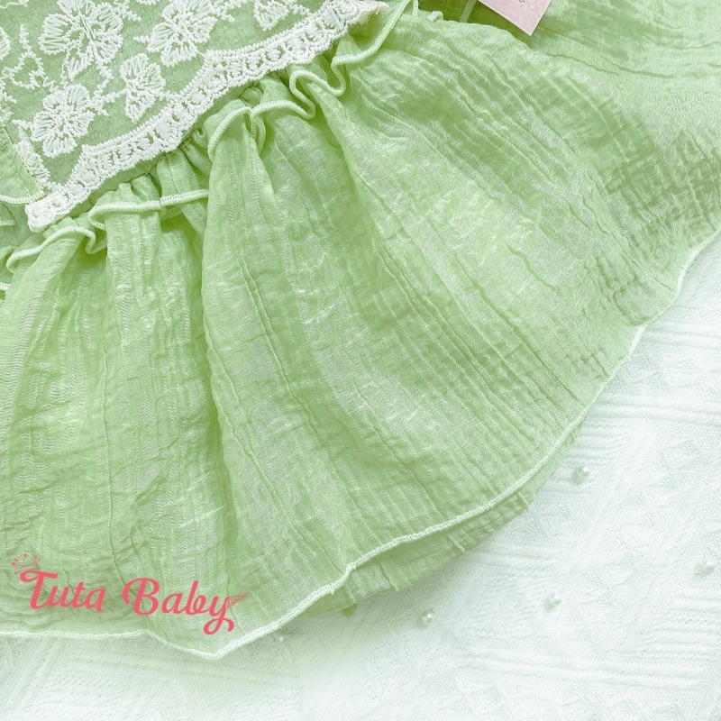 Bodysuit Cho Bé Gái Màu Xanh, Thiết Kế Ren Ngực Sang Chảnh, Body Cho Bé Kèm Turban