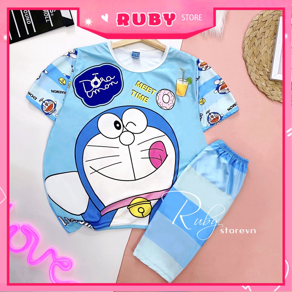 Đồ bộ thun QUẦN LỬNG cho bé mặc nhà size đến 70kg vải mềm mát in hình Doremon kitty Hoạt hình dễ thương DBRBL FULL SIZE
