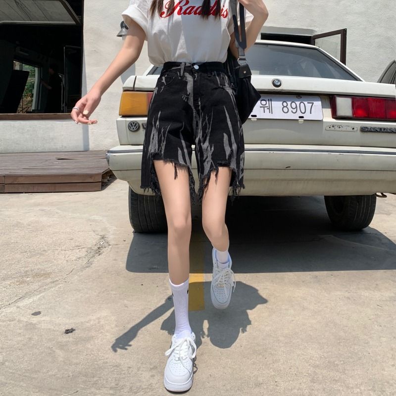 Quần Short Denim Nhuộm Màu Độc Đáo 162325 Quần Short Lưng Cao Thời Trang Retro Cá Tính