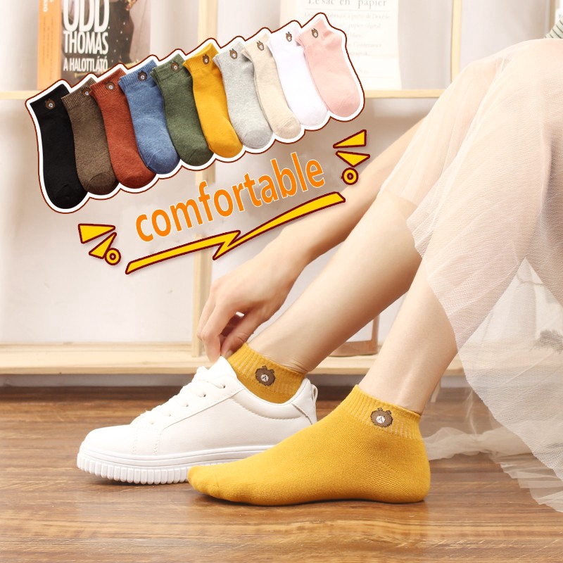 Embroidery Cartoon Socks,Little Bear Boat Socks, Woman Invisible Short Ventilation Socks