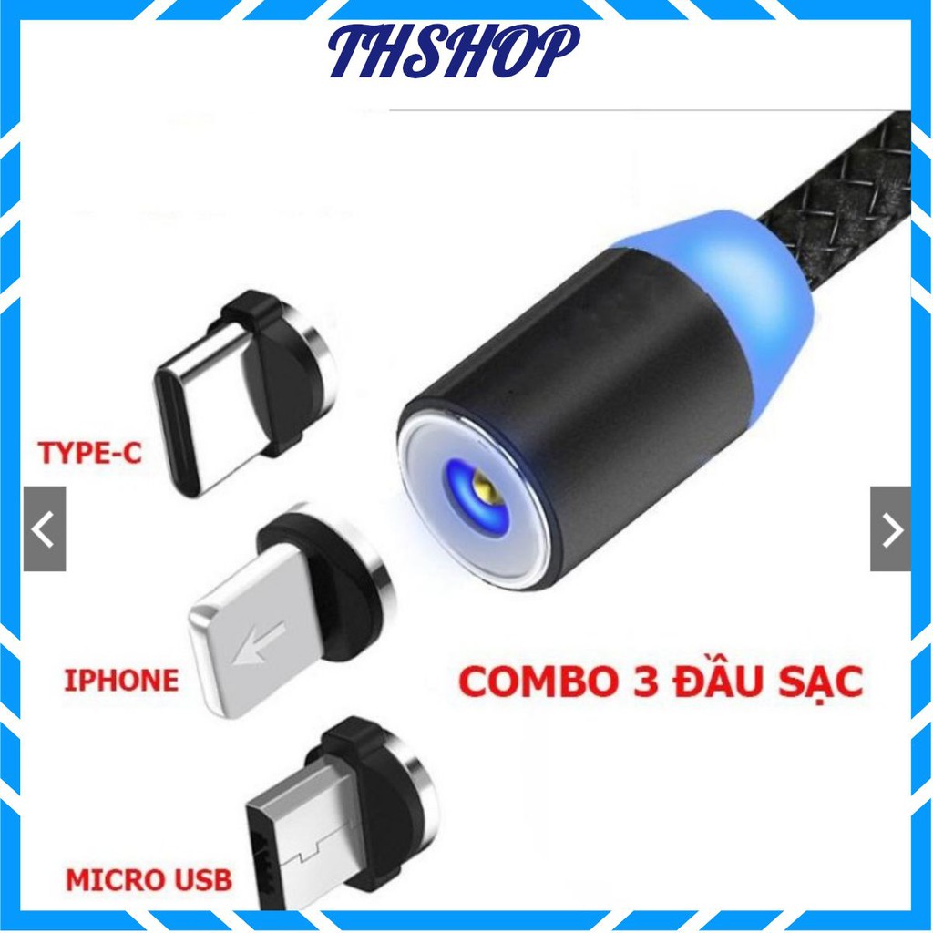 Cáp Sạc Nam Châm 3 Đầu Lightning, Micro USB, TYPE-C Có LED Cao Cấp