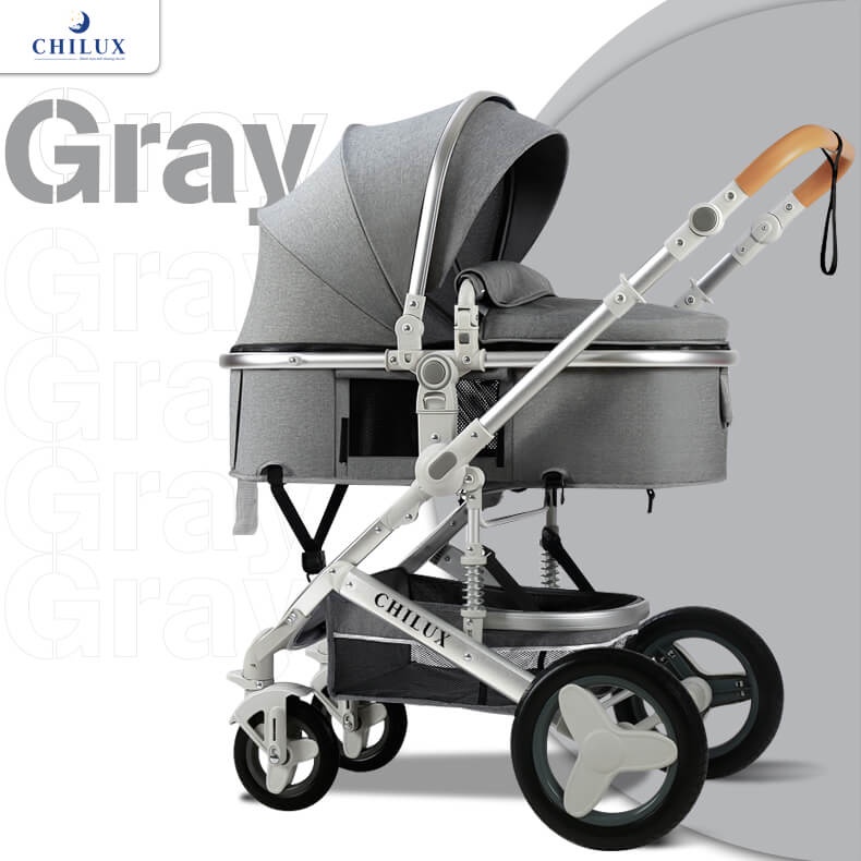 Xe đẩy nôi cho em bé gấp gọn, 2 chiều CHILUX V1.6 màu xám (xe đẩy 2 chiều 3 tư thế)