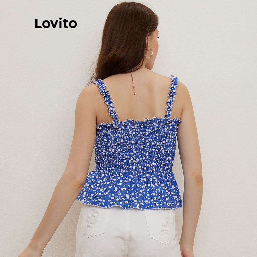 Lovito Áo Tank Top Diềm Xếp Nếp In Hoa L20D187 (Xanh Lam)