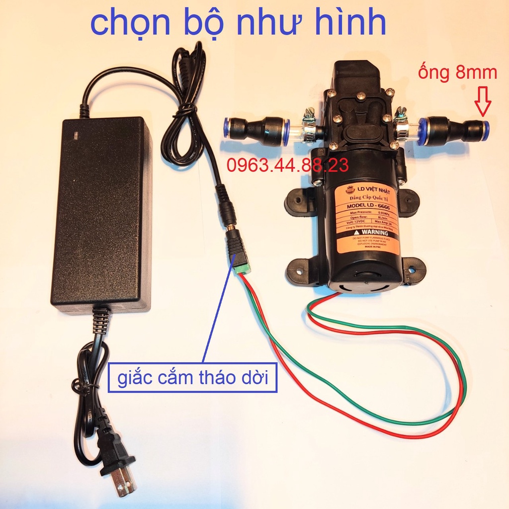 máy bơm nước mini 12v áp lực cao - (bơm tăng áp Việt nhật 12v + chuyển ống 8mm)