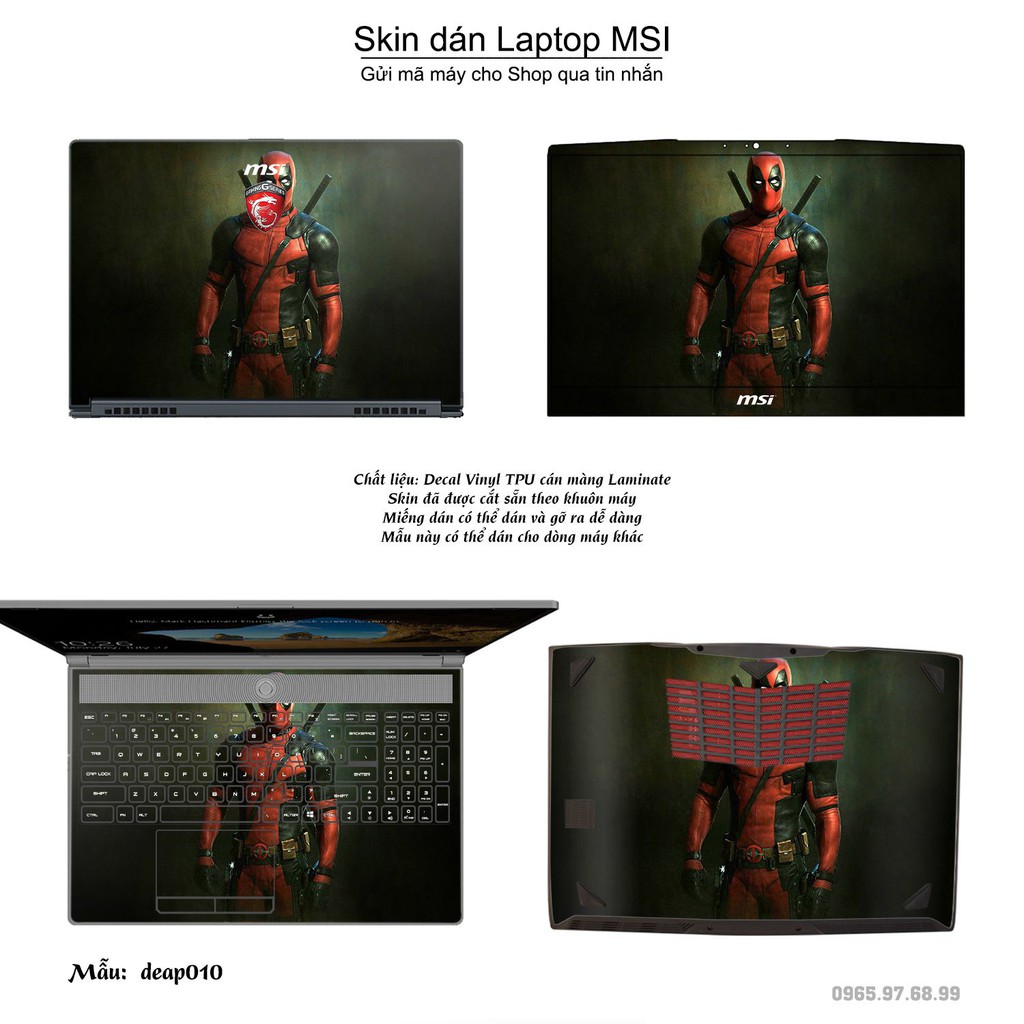 Skin dán Laptop MSI in hình Deadpool (inbox mã máy cho Shop)