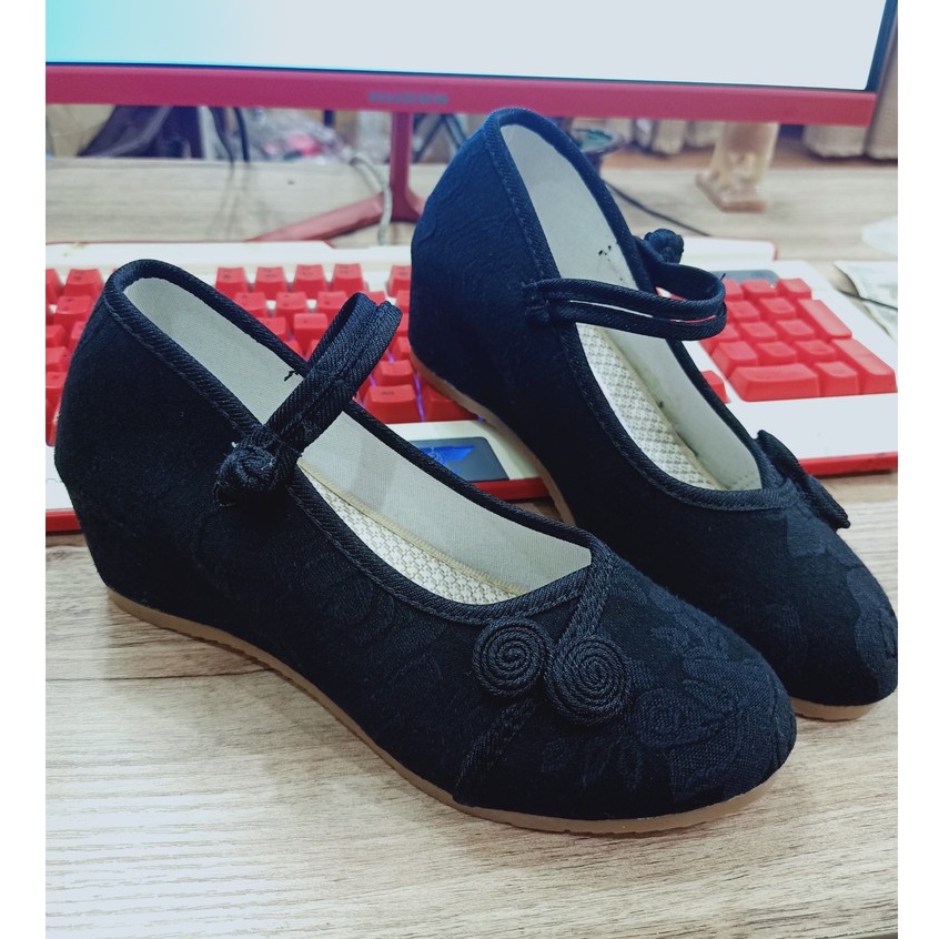 Giày đế xuồng vải nút 7cm mộc mạc cổ trang cosplay xinh xắn