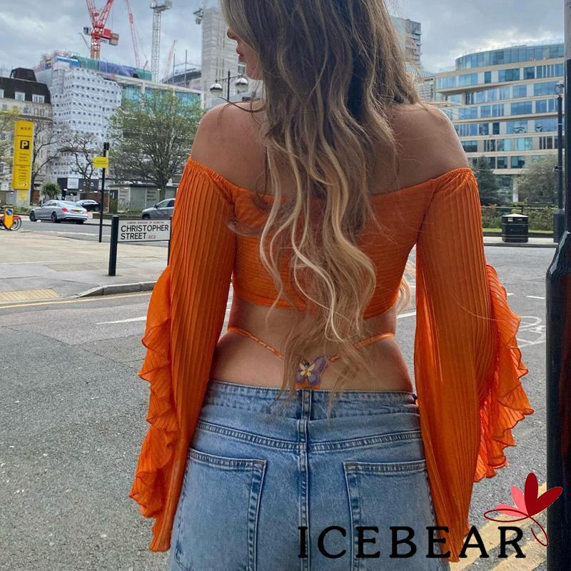 ICE-Women´s Off Shoulder Short Tops Long Sleeve Halter Neck Solid Color Ruched Crop Tops