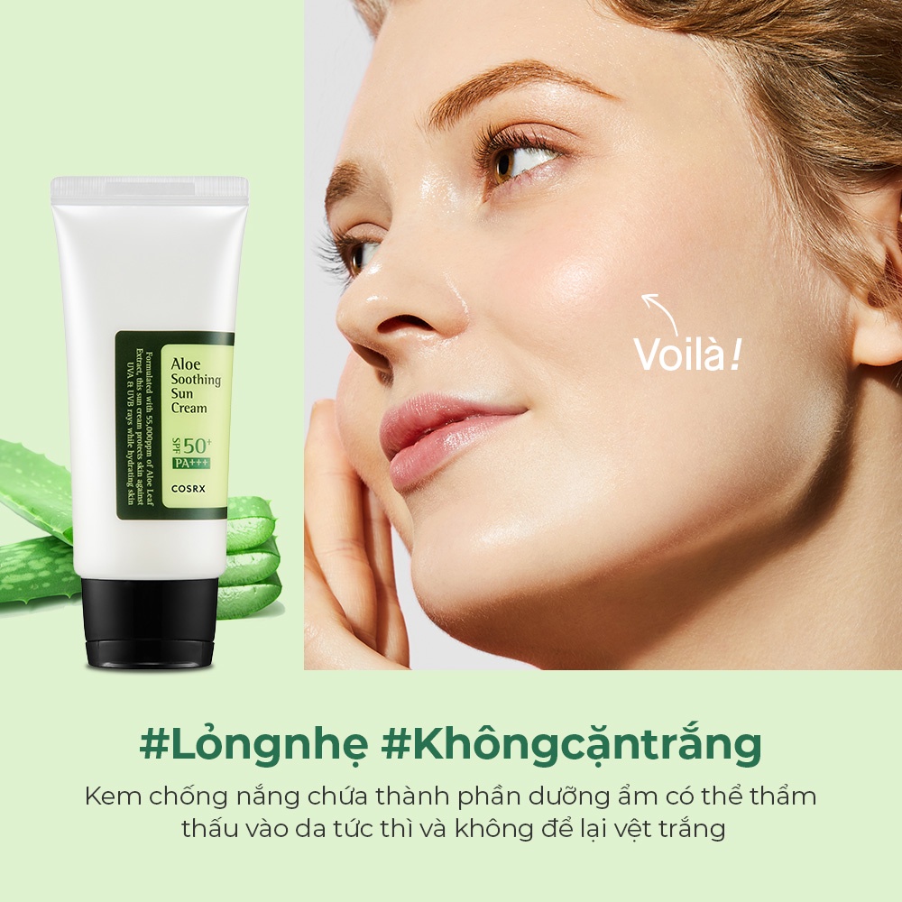 Set mỹ phẩm dưỡng da COSRX gồm kem chống nắng chiết xuất lô hội + toner AHA/BHA + sữa rửa mặt độ pH thấp 50ml