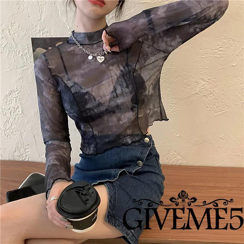 Áo Croptop Tay Dài Phối Lưới Xuyên Thấu In Họa Tiết Trừu Tượng Thời Trang Cho Nữ