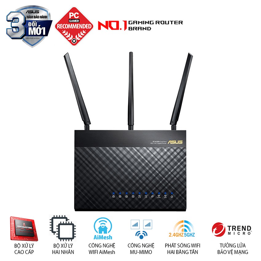 Bộ phát wifi Asus RT-AC68U Băng tần kép, Chuẩn AC1900 (Hàng chính Hãng)