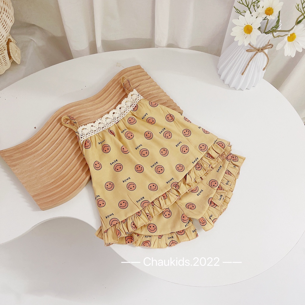 [SALE] Bộ 2 Dây Bé Gái Hoạ Tiết Quả Dâu Vải Đũi Tằm Mềm Mát Phối Ren Cổ, Đồ Bộ Cho Bé Mặc Nhà CK28