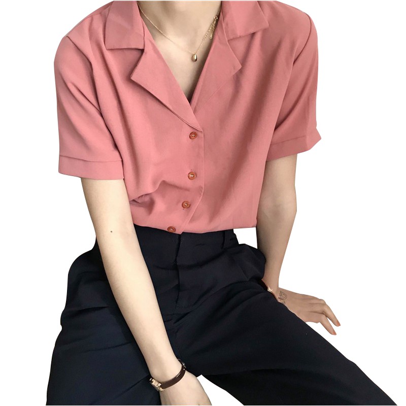 SUXI Áo sơ mi cổ bẻ tay ngắn màu trơn thời trang nữ Hàn Quốc