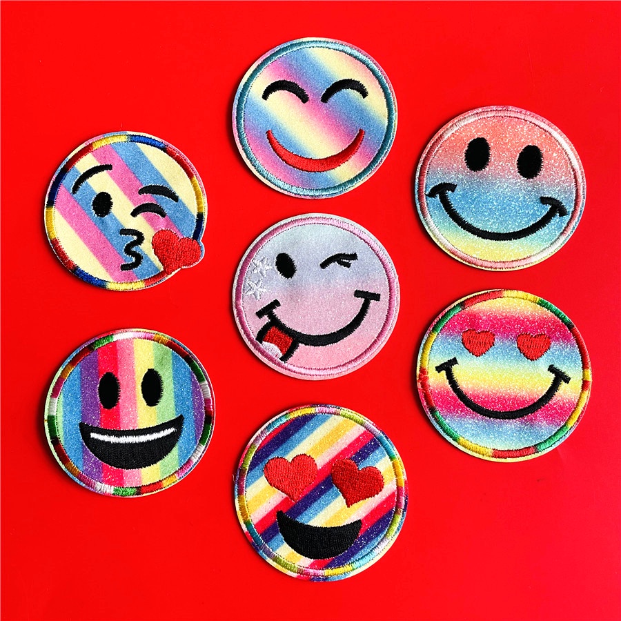 Thời Trang 1 Sticker Ủi Thêu Hình Mặt Cười Cầu Vồng 01