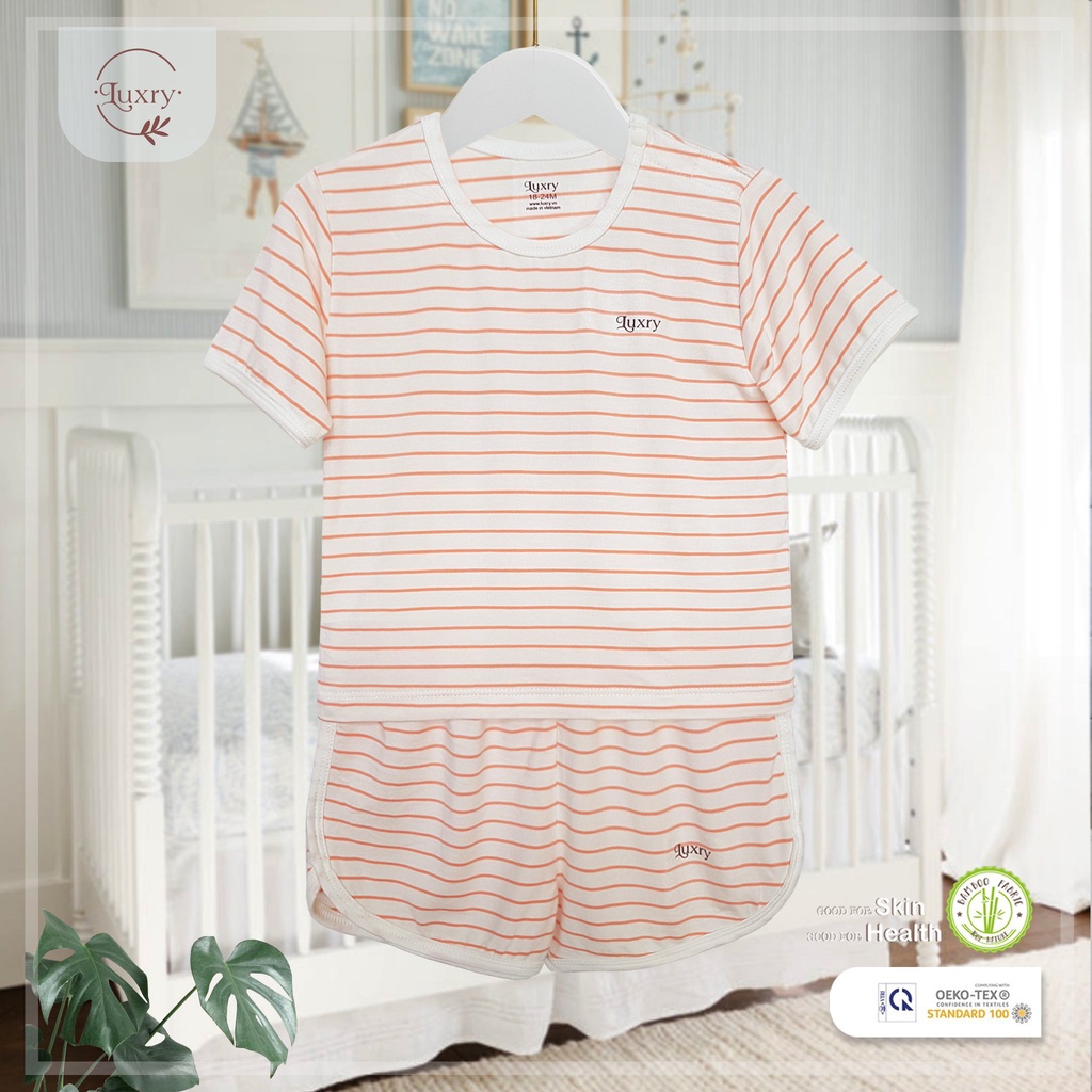 Bộ quần áo cộc tay cài vai quần xẻ kẻ sọc Luxry chất vải sợi tre cho bé từ 9 tháng đến 5 tuổi