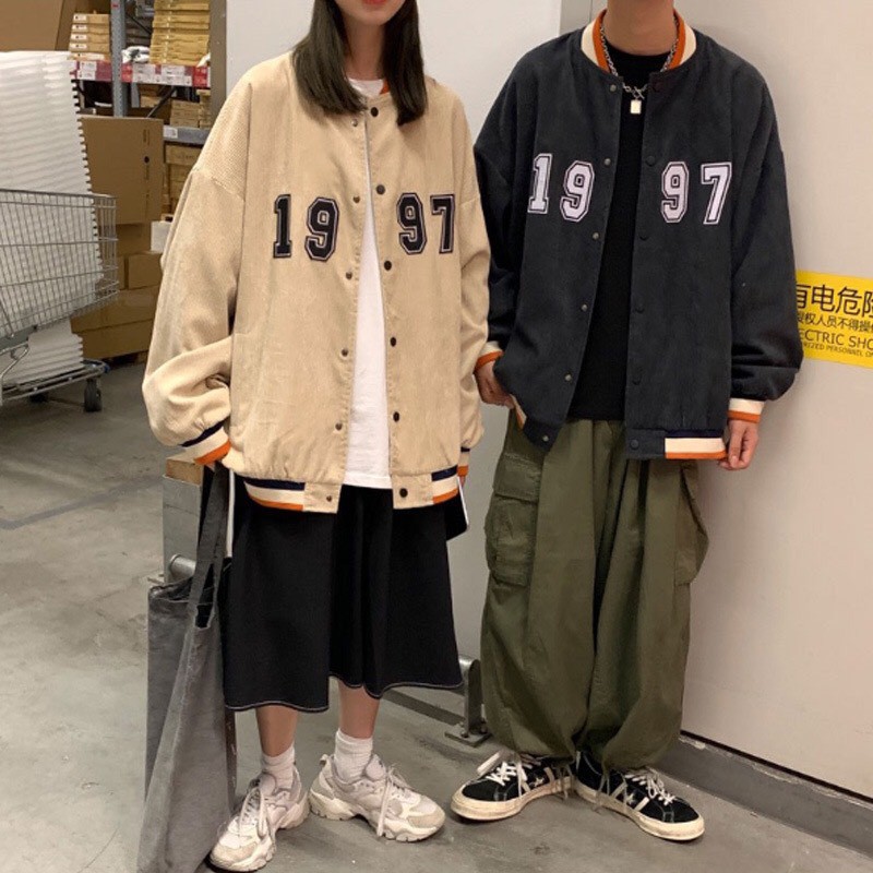 Áo Khoác Bomber - Áo Varsity Jacket 1997 Nhung Tăm Gân 1 Lớp Form rộng Unisex Nam Nữ Couple