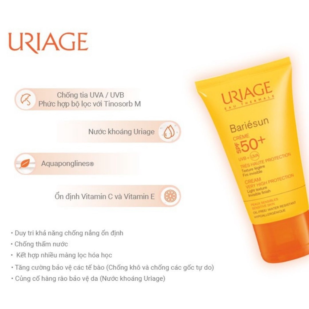 Set kem chống nắng da nhạy cảm Uriage Bariesun Cream Very High Protection SPF50+ 50ml (tặng kèm xịt khoáng)