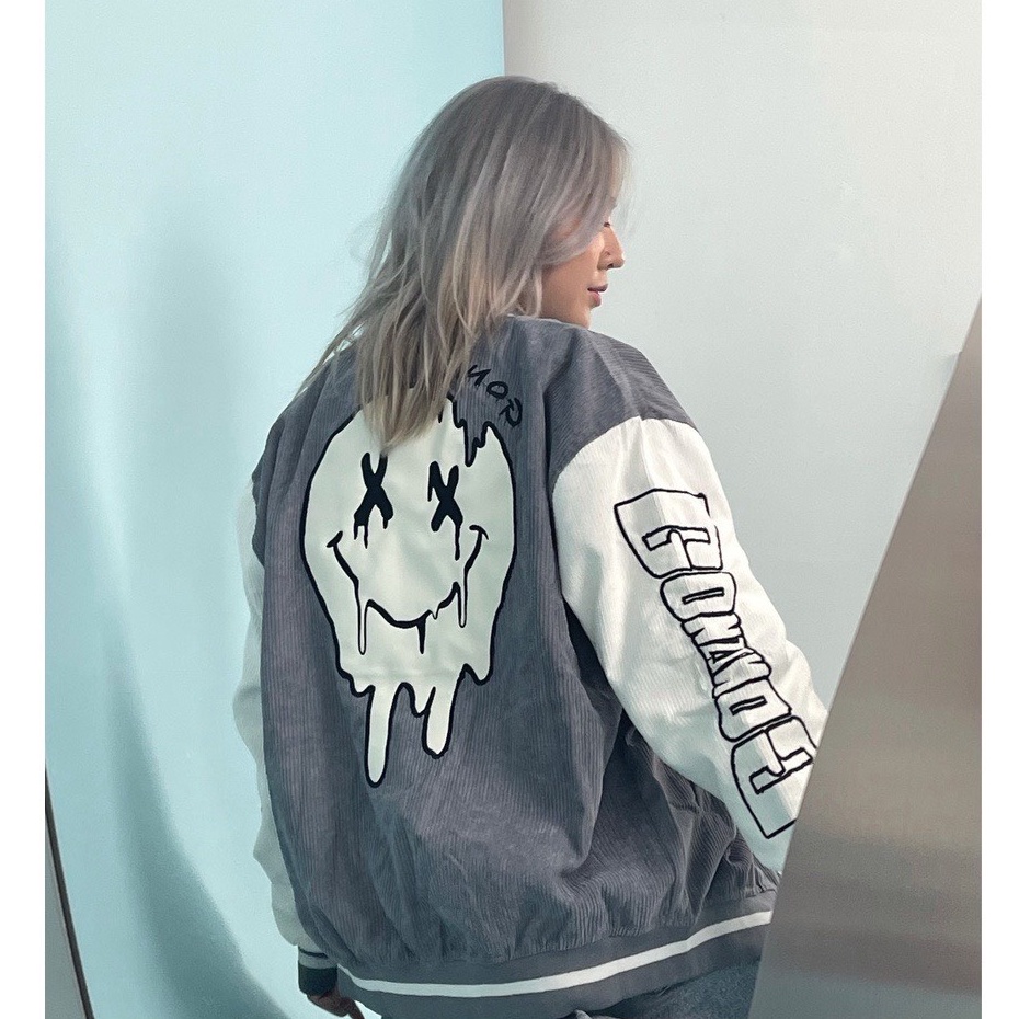 Áo bomber varsity jacket Unisex Form rộng nhung tăm 2 lớp - Áo khoác nam nữ Gonz Bóng chày màu xám, cam, đe