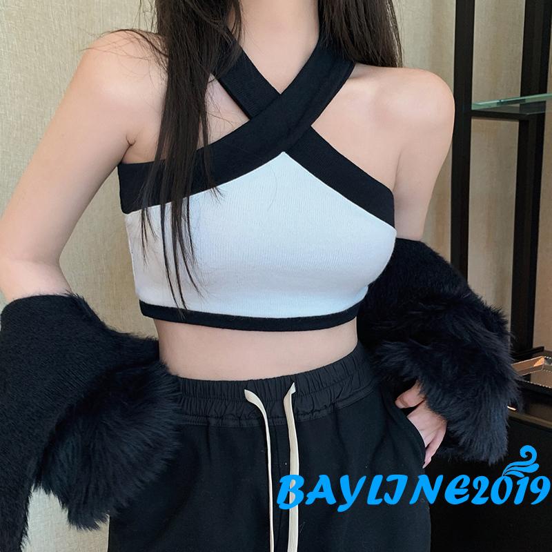 BAY-Ladies Midriff-baring Tank Top, Summer Women Black White Color Matching Cross Hanging Neck Off Shoulder Sleeveless