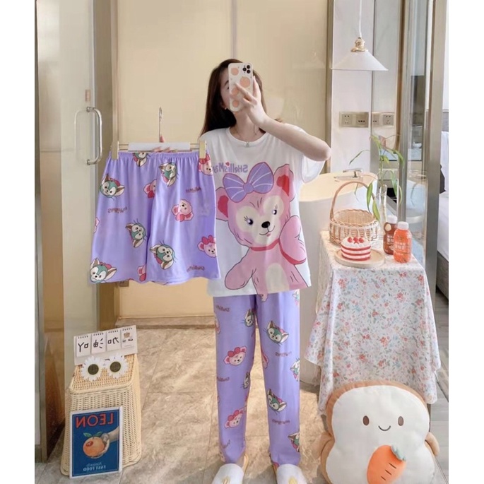 Đồ mặc nhà size lớn hoạ tiết hoạt hình dễ thương, bộ thun nữ tay ngắn quần dài thun 4 chiều TẶNG KÈM quần ngắn cùng hình