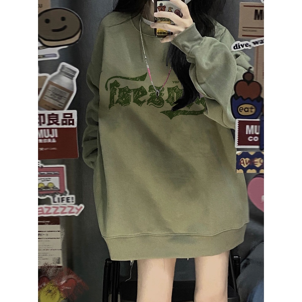Áo Nỉ Dài Tay Form Rộng In Chữ Phong Cách Vintage Đường Phố