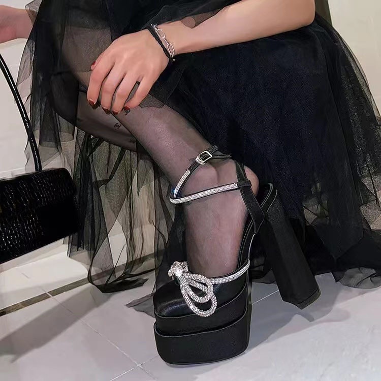 Giày sandal cao gót vải satin đính đá chống nước thời trang hè năm 2022 cho nữ