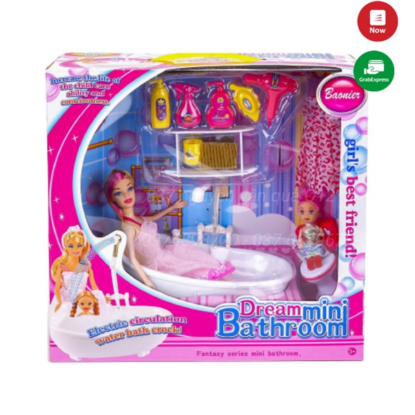 [ Vòi Sen Nước Thật] Hộp đồ chơi búp bê barbie kèm bồn tắm và phụ kiện nhà tắm đẹp, dễ thương 6604