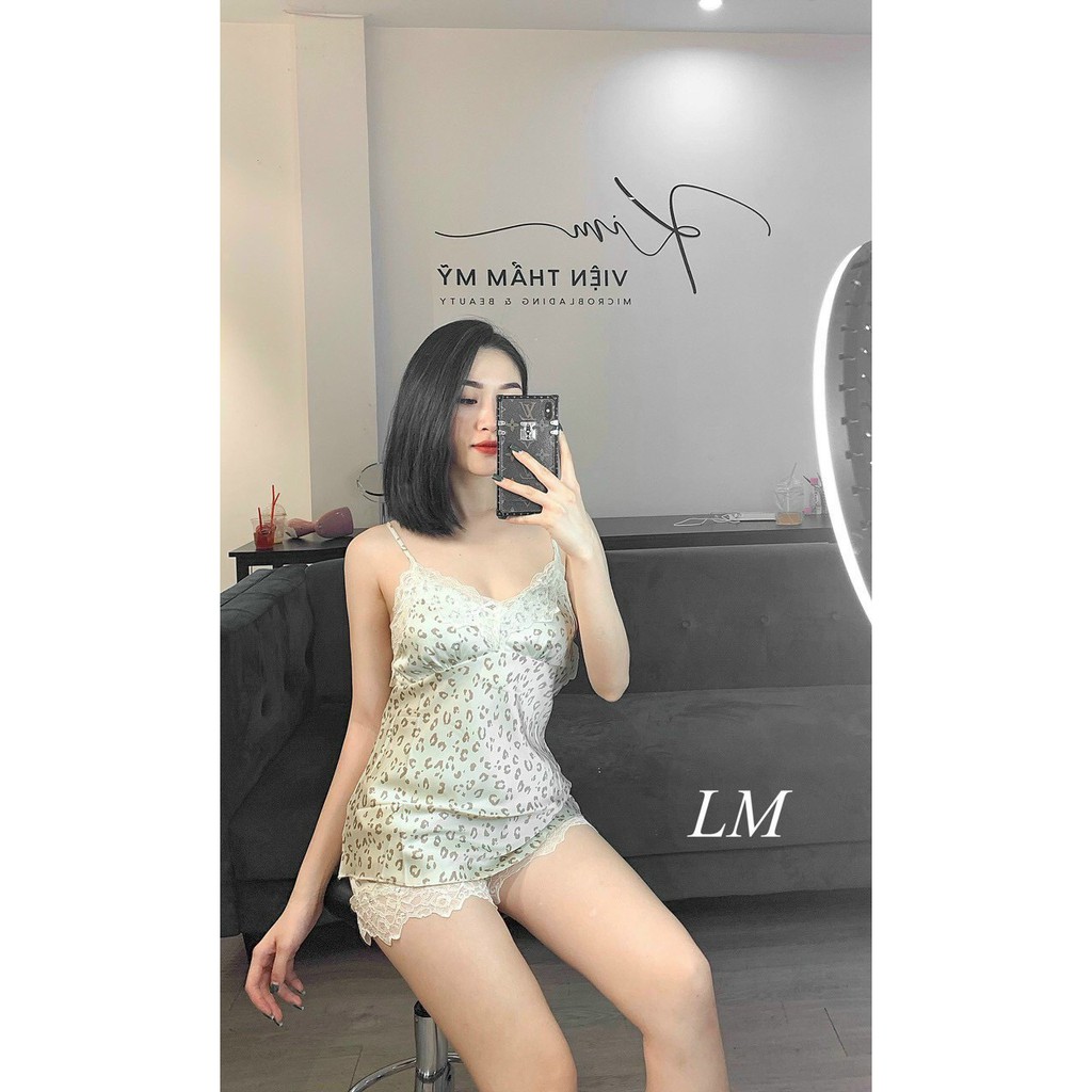 Bộ ngủ 2 dây vải lụa viền ren thoáng mát,có đệm ngực sexy_BL01