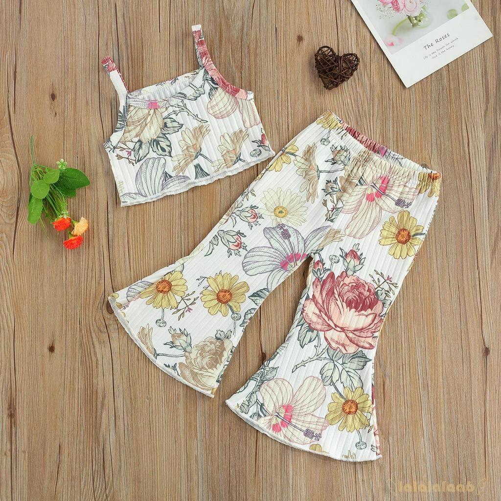 Bộ Áo Crop Top 2 Dây In Hoa + Quần Ống Loe Thời Trang Cho Bé Gái