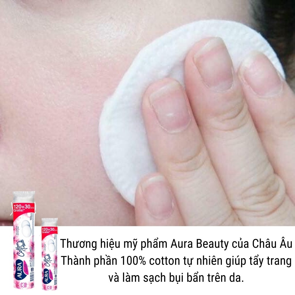 Bông Tẩy Trang AURA BEAUTY Tẩy Trang 100% Cotton Tự Nhiên Làm Sạch Bụi Bẩn Trên Da (150 Miếng)