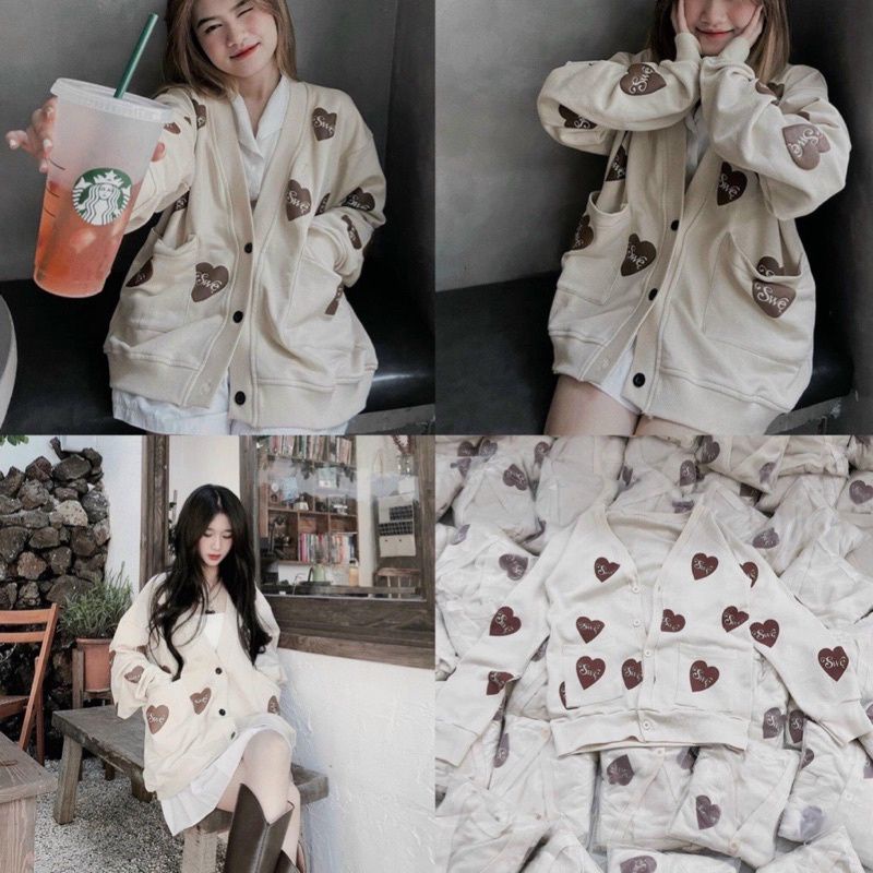 [SIÊU HOT] Áo Khoác Nỉ Bông Cardigan Hình Trái Tim Nâu , Áo Lót Bông Nữ Unisex Form