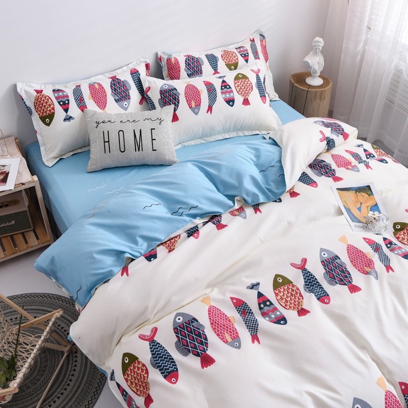Bộ chăn ga gối Cotton poly Boss decor ca xanhvỏ chăn mền, drap giường và 2 vỏ gối