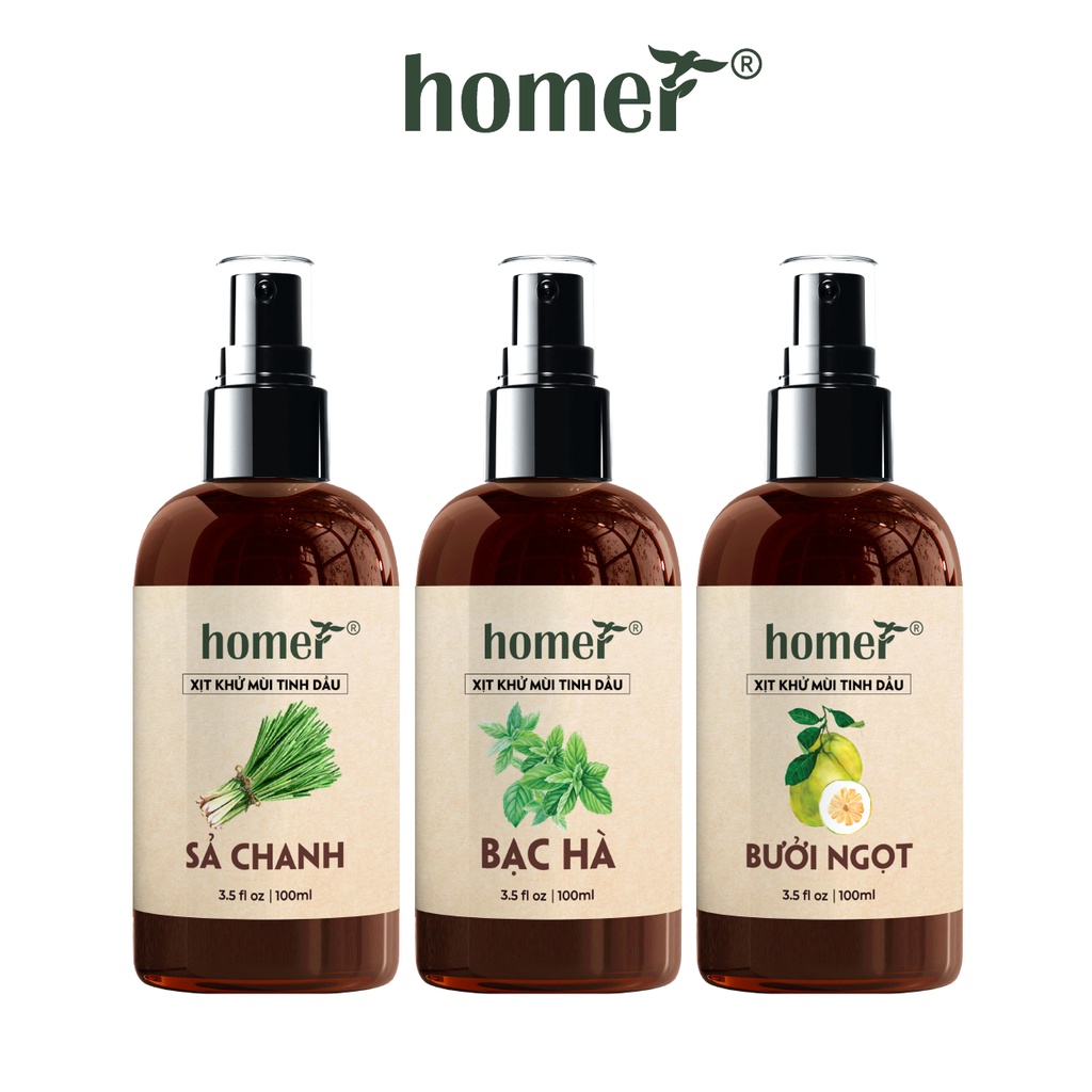 Combo 3 xịt khử mùi thơm phòng Sả Chanh + Bạc Hà + Bưởi Ngọt Homer 100ml/ chai