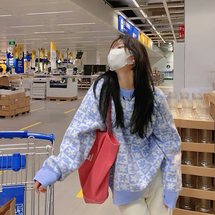 Áo Khoác Len Dáng Rộng Sọc Ca Rô Màu Xanh Dương Sữa Thời Trang Hàn Quốc 2022 Mới Cho Nữ