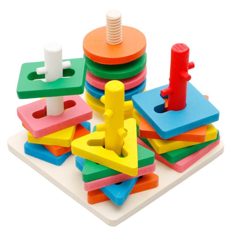 Đồ Chơi Montessori Luồn Cọc 4 Trụ Cho Bé Học Hình Khối, Màu Sắc Và Luyện Đôi Tay Khéo Léo Bằng Gỗ