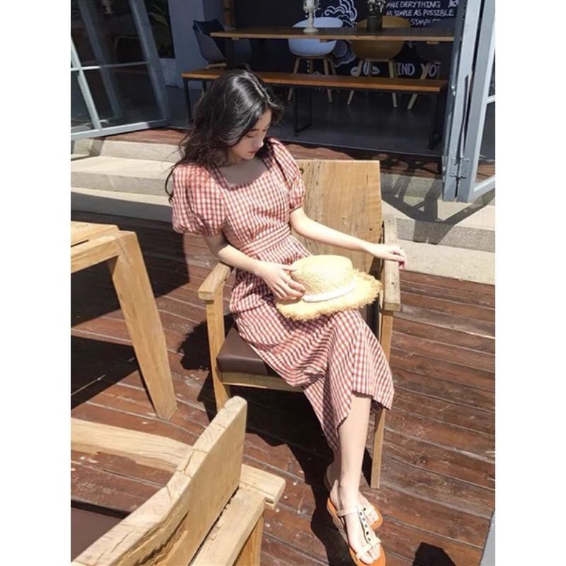 ĐẦM MIDI CỔ XUÔNG CA RÔ HỒNG XINH XINH CR99