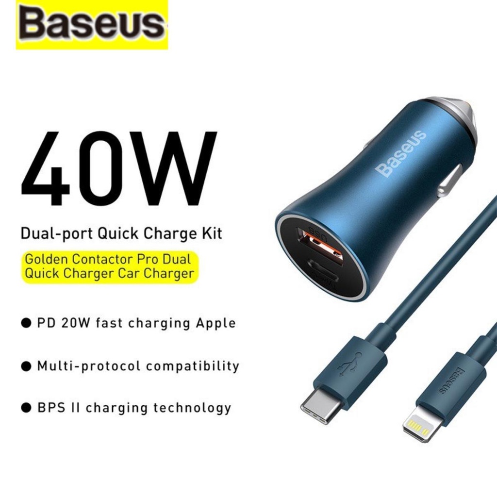 Bộ tẩu sạc nhanh, công suất 40W dùng cho xe hơi Baseus Dual USB/ U+C Port, PD20W/QC3.0 Chất Liệu Nhôm - LV924