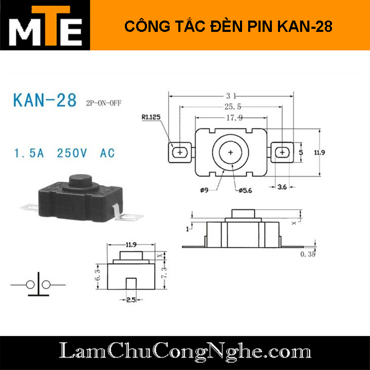 Công tắc đèn pin 2P KAN-28 dạng ấn ON OFF